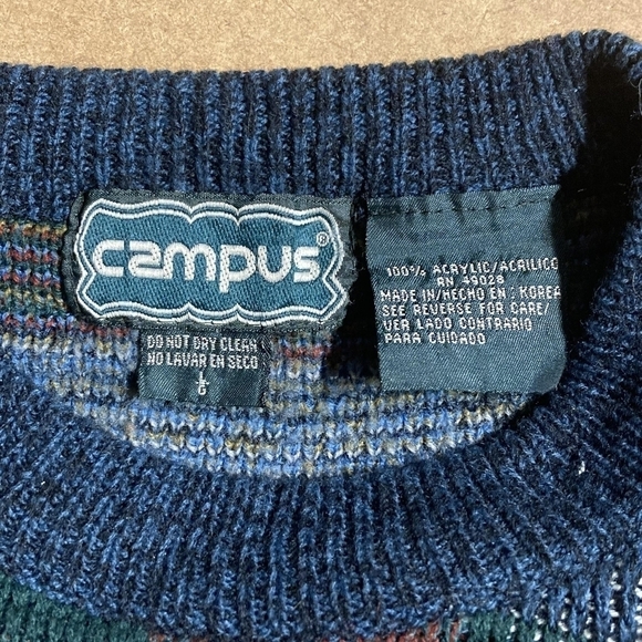 Vintage Campus 80s Knit Geometric Sweater Navy Blue Men's Large L Grandpa EUC - Picture 5 of 5